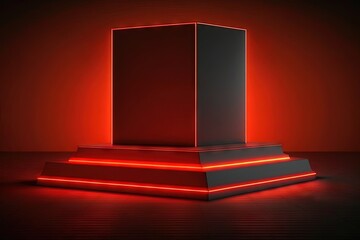 Red neon light product background stage or podium . AI generated art illustration.