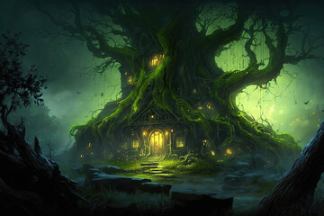 Fototapeta na wymiar tree house in the forest fantasy.Generative Ai