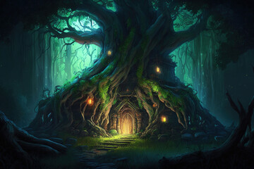 Obraz na płótnie Canvas tree house in the forest fantasy.Generative Ai