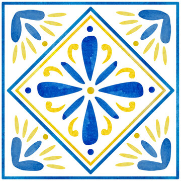 Watercolor traditional blue mediterranean tiles