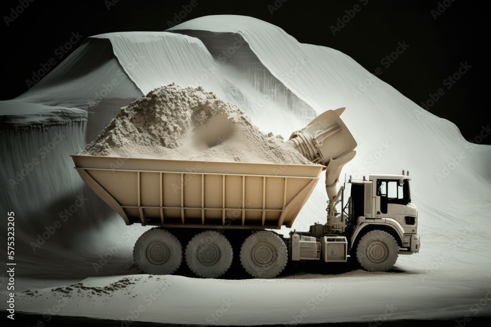 Poster sand is moved by dump truck in an open pit mine. coarse sand is used in the manufacturing process of