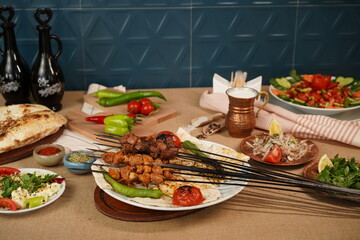 Liver shish with appetizers Turkish cuisine