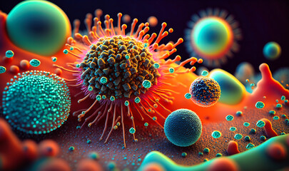 An abstract background with a macro shot of various microbes including virus cells and bacteria