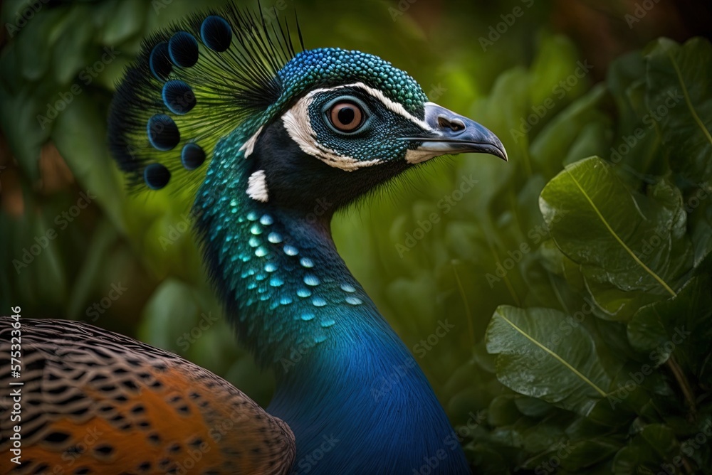 Poster an up-close view of a peacock in a forest setting generative ai
