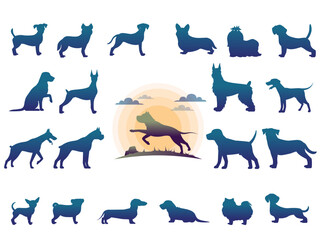 Dogs silhouettes set with logo of dog in sunset landscape.