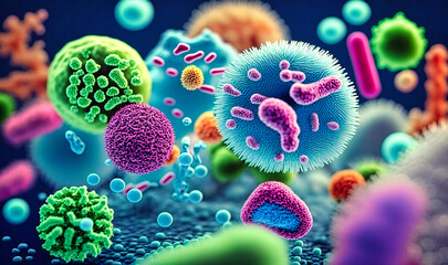 An abstract background with a macro shot of various microbes including virus cells and bacteria - obrazy, fototapety, plakaty