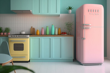 With its bright and lively interior and trendy vintage fridge, the light modern kitchen exudes a playful vibe.