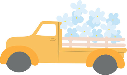Naklejka premium Yellow truck with flowers. Spring holidays vector element.