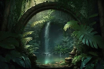 Photo sur Plexiglas Lieu de culte ancient water fountain architecture hidden in the forest. Generative Ai