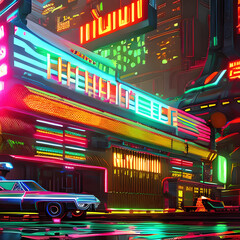 Retro-Futuristic Cityscape in Neon Light