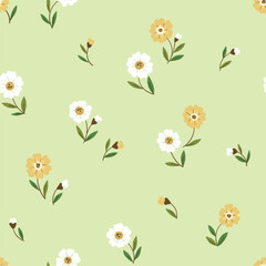 Seamless floral pattern, decorative art ditsy print with simple vintage botany. Cute botanical design with small hand drawn flowers, leaves on a nice green background. Vector illustration.