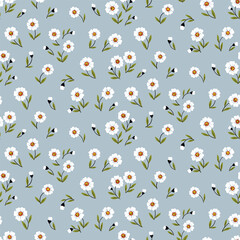 Seamless floral pattern, cute spring ditsy print with retro motif. Pretty botanical design with hand drawn daisies: small white flowers, tiny leaves scattered on a blue background. Vector illustration