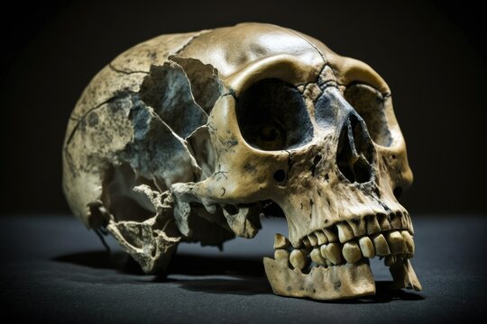 Skull of a monkey, the mumps. Skull and animal bones strewn across the floor. Sickness and death among animals. Fanged predatory animal skull. Generative AI