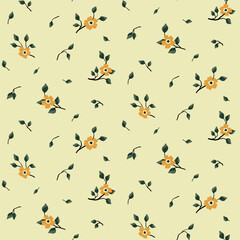 Seamless floral pattern, cute ditsy print with tiny yellow flowers with vintage motif. Pretty botanical design with small hand drawn flowers branches, leaves on a light background. Vector illustration