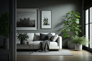 Modern living room in 3D style in white and green tones