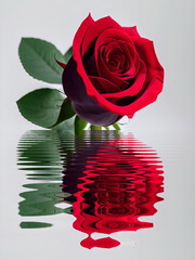 Red rose on a gray-white background with reflection in the water. Delicate rose with green leaves. Rose close-up. Color post-processing of photos.