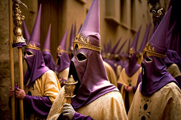 Procession of hooded Nazarenes marching through streets in the Spanish Holy Week, carrying crosses to commemorate the Passion of Christ. Traditional religious event full of devotion. Generative AI. - obrazy, fototapety, plakaty