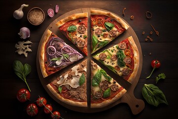 Obraz na płótnie Canvas Mixed pizza with vegetables and meat on shaped wooden board