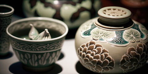 Intricate Korean Pottery at Cultural Exhibition in Seoul (created with Generative AI)