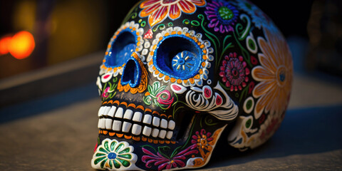 Intricately Decorated Mexican Sugar Skull at Day of the Dead Festival (created with Generative AI)