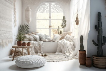 Boho room Interior For White bedroom Decoration photography