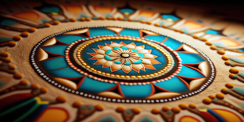 Fototapeta na wymiar Intricate Navajo Sand Painting at Healing Ceremony in Arizona (created with Generative AI)