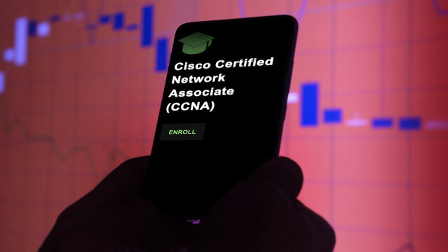 Cisco certified network associate CCNA program. A student enrolls in courses to study, to learn a new skill and pass certification. Text in English