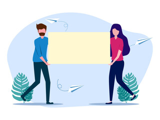 Two men and a woman holding a blank sign. Representing or expressing an idea. Space to enter text. vector illustration
