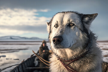 Malamute in dog sled. Generative ai.