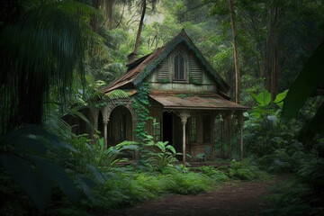 Fototapeta na wymiar cottage hidden deep inside forest. Generative Ai