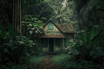 cottage hidden deep inside forest. Generative Ai