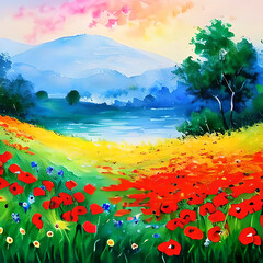 Fototapeta na wymiar Impressionism landscape scene paint meadows filled with multicolor wildflower poppies. AI generated illustration.
