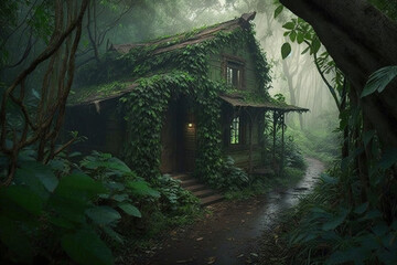 cottage hidden deep inside forest. Generative Ai