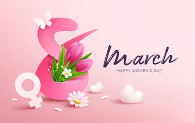 Fototapeta na wymiar 8 march happy women's day with tulip flowers and butterfly, heart, banner concept design on pink background, EPS10 Vector illustration. 