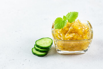 Cucumber melissa jam. Top view, copy space, flat lay.