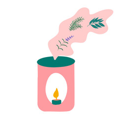 Essential oil aroma diffuser with a burning candle and aroma scent. Lavender, eucalyptus and rosemary plants for illustration of fumes from the diffuser. Flat vector illustration.