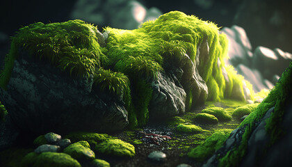 Naklejka na ściany i meble green moss in the forest on a stone. Generative AI