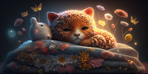 Generative IA, a peaceful and sleeping felt cat sleeping on a bed, in an artistic composition, birth announcement