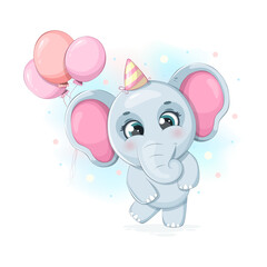 Cute cartoon elephant with balloons. Happy Birthday