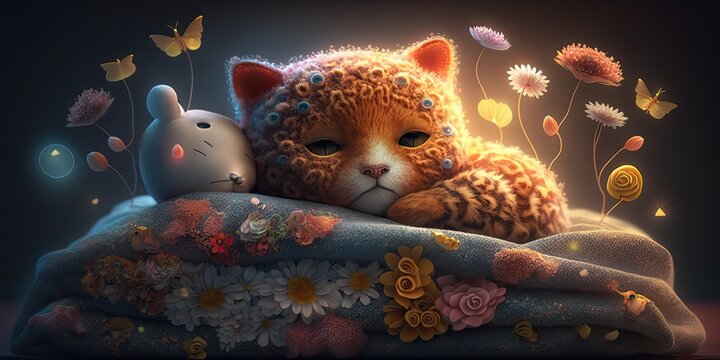 Generative IA, a peaceful and sleeping felt cat sleeping on a bed, in an artistic composition, birth announcement - Powered by Adobe
