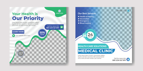 Medical and health care services social media post template design collection romotion square flyer template Vector

