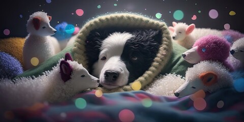 Generative IA, a peaceful and sleeping baby border collie on a rainbow bed, birth announcement,newborn