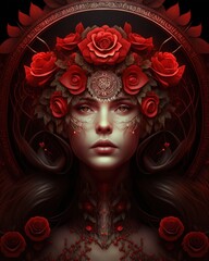 Portrait of Beautiful Woman with Fashion Inspired by Roses. Generative AI.