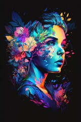 Neon Watercolor Portrait of Beautiful Woman with Flowers. Generative AI.