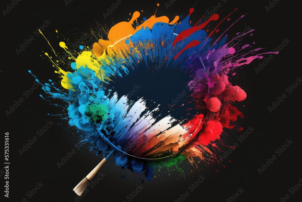 Poster an abstract work of art with a rainbow created with the help of two brushes. the brushwork seems hap