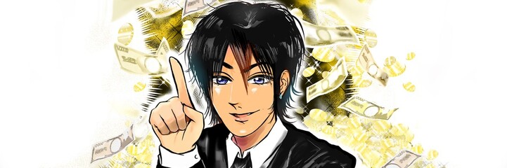 怪しい儲け話をほくそ笑みながら持ち掛ける2000年代風ホストの漫画ワイドサイズイラスト