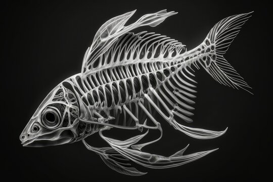 bones from a fish skeleton, displayed against a dark background