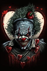 Creepy valentines day clown, horror dark background, a fictional person, Generative AI