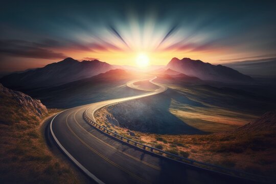 Empty, Winding, Mountain Road Leading To The Horizon At Sunset During A Beautiful Summer Day Speed Motion Blur Effect. Generative AI