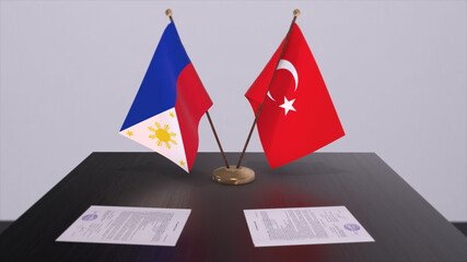 Philippines and Turkey flags at politics meeting. Business deal 3D illustration
